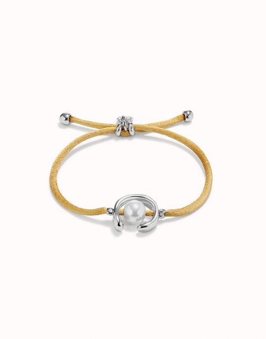 Pulsera de hilo camel con perla shell fornitura ba&ntilde;ada en plata de ley.